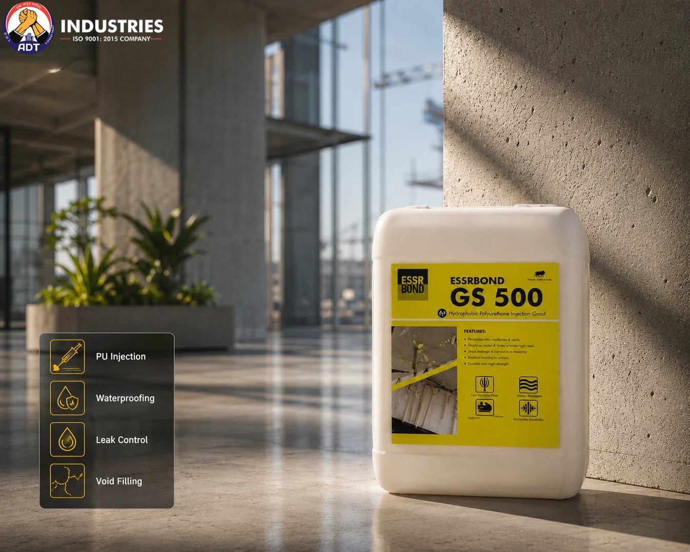 ESSRBOND GS 500 polyurethane injection grout 5kg container by ADT Industries